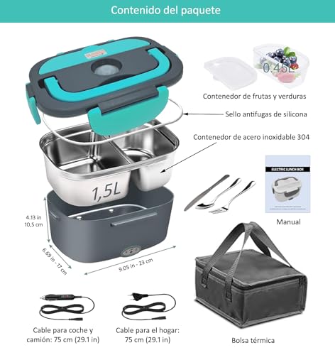 JessyLine Portable Electric Lunch Box Modern and Versatile 80W 12V/24V/220V Car Truck and Office Heats Food Without Microwave Lunch Box Container Stainless Steel 1.5L Two Divisions Turquoise Grey