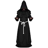 LETSQK Men's Friar Medieval Hooded Monk Priest Robe Tunic Halloween Cosplay Costume