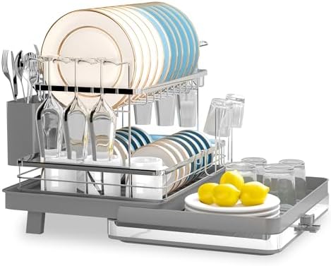 SUSTEAS 3 Tier Expandable Dish Drainer Rack with Drip Tray, Spacious Kitchen Dish Drying Rack for Crockery,Adjustable Draining Board Rack with Drainage Spout, Cup Holder and Utensils,Grey