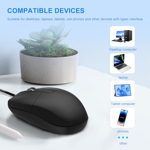 LOONASA USB C Wired Mouse, Type C Optical Mouse, Portable Silent Comfortable, for Laptop, Mac, MacBook, Android, PC, Black