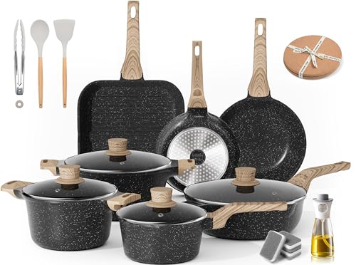 Pots and Pans Set Non Stick - Kitchen Cookware Set Cooking Pot and Pan Set with Lids, Non-stick Granite Cookware Sets Induction Pans for Cooking Set with Grill Pan, frying pan, Stockpot and Saucepan