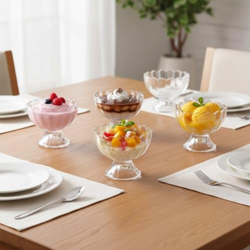 Jogo 6 Taças de Sobremesa de Vidro 125ml – Taças para Sorvete, Mousse e Pudim com Design Ondulado Elegante – Taça de Vidro para Sobremesas Premium