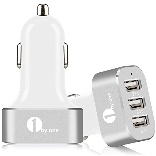 1byone 5.1A / 25.5W 3-Port USB Car Charger, Safety Protection for Apple and Android Devices, Silver & White