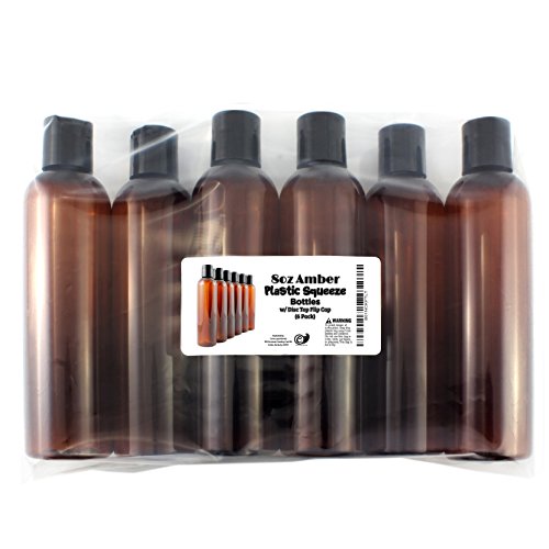 8oz Empty Plastic Bottles with Disc Top Flip Cap (6 pack); BPA-Free Containers For Shampoo, Lotions, Liquid Body Soap, Creams (8 ounce, Amber Brown)