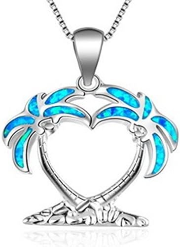 Fortonatori Created Blue Opal Necklace Palm Tree Twin 925 Silver Pendant Necklace 18" Chain