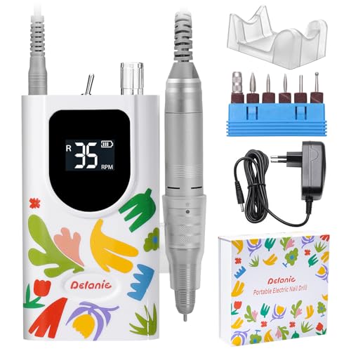 Delanie Professioneller Nagelfräser 35000 U/min, Wiederaufladbarer Fräser für Gelnägel Nagellack, Elektrischer Fräser für Nägel mit 6 Bits, Geeignet für Manikür