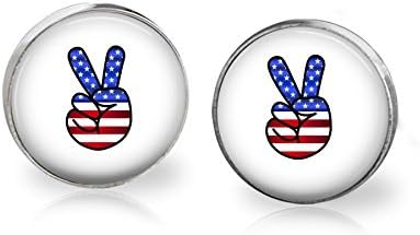Peace Sign American Flag Stainless Steel Glass Stud Earrings 12mm Hypoallergenic
