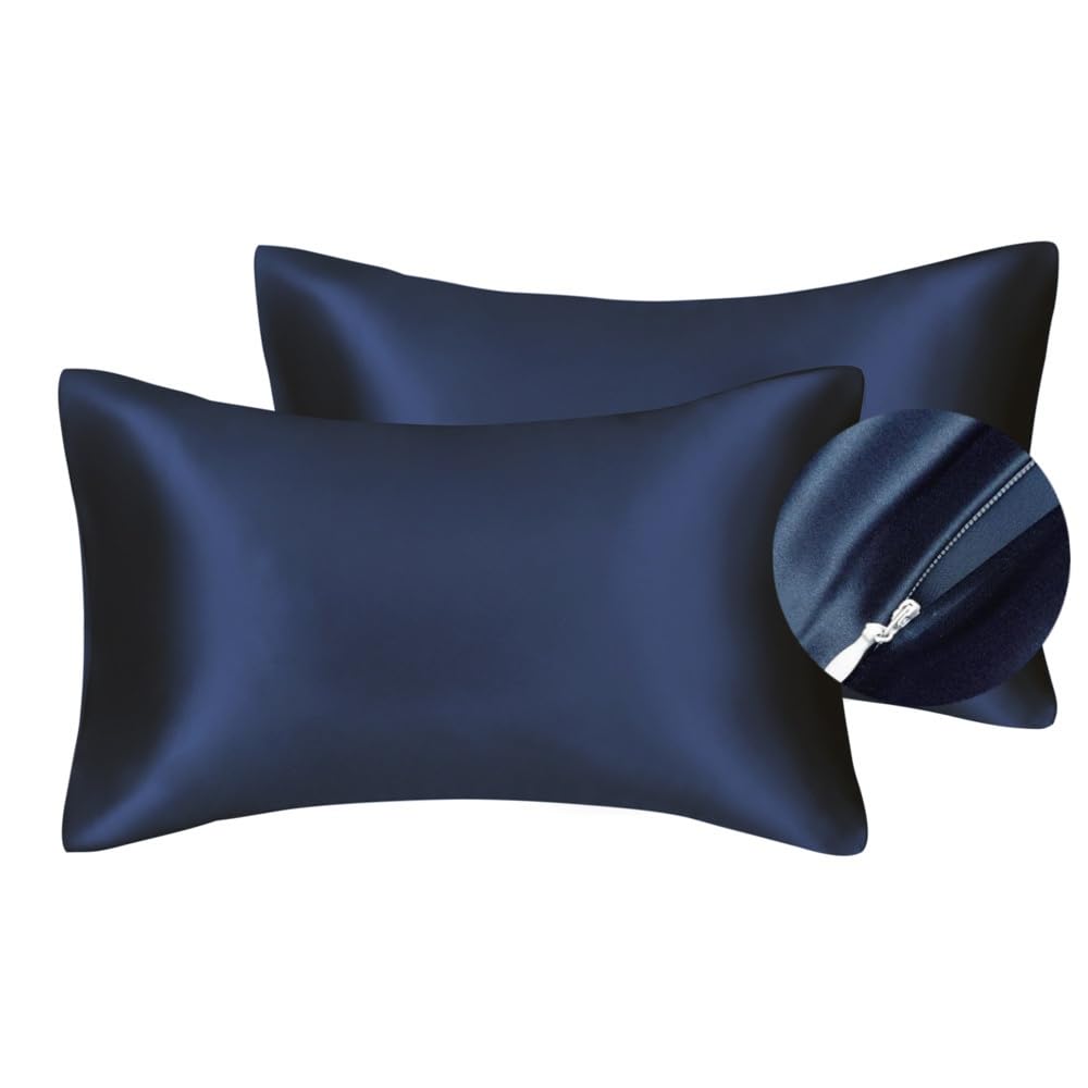 Silky Luxury Satin Pillow Case for Hair & Facial Skin to prevent wrinkles Hidden Zipper (Navy, Standard(50x75cm) 2 Pk)
