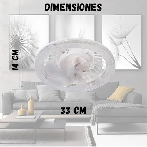 Megaluz LV34W11 Ventilador de techo con luz led y control remoto, 13", luz fría, neutra y cálida, 6 aspas desmontables, Abanico de techo enchufe E27, 4 velocidades y motor silencioso (Blanco).