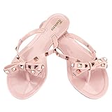 TENGYUFLY Womens Rivets Bowtie Flip Flops Jelly Thong Sandal Rubber Flat Summer Beach Rain Shoes Pink Beige