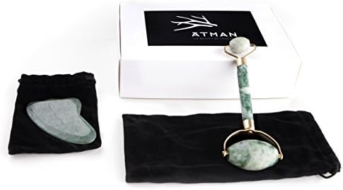 Jade Roller and Gua Sha Set Anti Aging Therapy 100% Natural Jade Facial Roller Double Neck Healing Slimming & Firming Massager Gua Sha Scraping Massage Tool Hand Made - by ATMAN Beauty