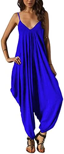 Kangwoo Womens Summer Strap Jumpsuit Spaghetti V-Neck Harem Sexy Beach Dress Loose Long Baggy Romper Plus Size Blue 3XL