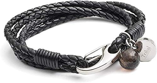 Tribal Steel Black Leather Bracelet for Women - Ladies 19cm Leather Charm Bracelet with a Crystal Charm, Stainless Steel Clasp