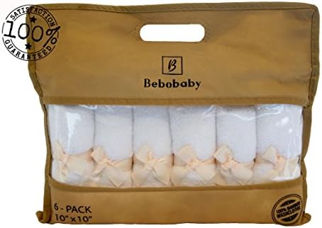 Bamboo Baby Washcloths Large 10x10 inches by BEBOBABY Natural Organic Soft Cotton Bamboo Towels for Boys, Girls and Newborns. Ideal for Gift or Registry Set of 6 Reusable Bath Wipes Unique Bag