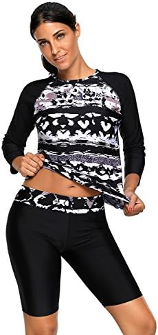 Women's Swimsuit Black Long Sleeve Rashguard Two Piece Swimwear Tankini Sets