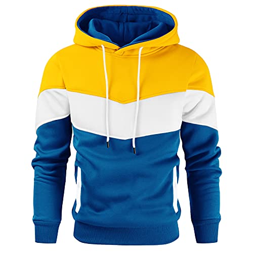 Gesean Herren Neuheit Farbblock Pullover Fleece Hoodie Langarm Casual Sweatshirt mit Tasche, Gelb, Blau, X-Large