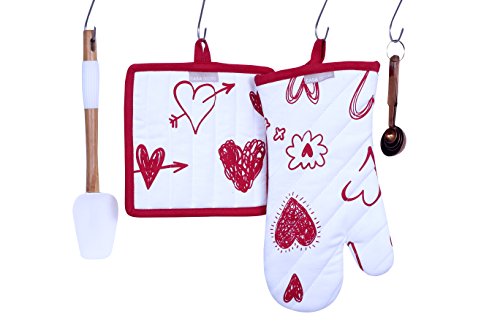 Pot Holders and Oven Mitts, Valentine Hearts Design, Heat Resistant, Made of 100% Cotton, Eco-Friendly & Safe, Set of 1 Oven Mitt and 1 Pot Holder, Pot Holders and Oven Mitts Sets By CASA DECORS - Thumbnail 6