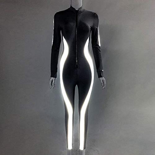 iYBUIA Women Yoga Fitness Motion Workout Reflective Patchwork Long Sleeve Tight Jumpsuit Zipper Slim S-L Black