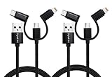 Digital Ant 3 in 1 Charging and Data Syn Cable/3 in 1 Charging Cord Nylon Braided Cable Compatible with Android and i-Products, Twin-Pack (5 Feet Black)