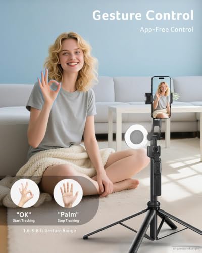 Acer Gadget Auto Face Tracking Tripod for iPhone/Cell Phone/Android/Camera with Light and Remote, 64", No App, 360°Rotating Tripod Selfie Stick for Tiktok YouTube Vlog Live Streaming Video Recording