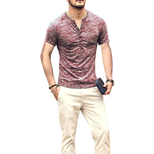 Men's Soild Henley Short Sleeve Tops Buttons Front Casual T Shirts Tee,WineRed,S