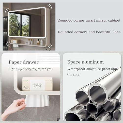 Botiquín con espejo para baño, Espejo de baño con almacenamiento, botiquín LED montado en la pared de aluminio, antivaho, atenuación continua, gabinete con espejo de tocador for baño(White,90x13x51cm)