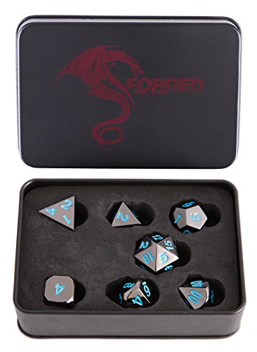 Forged Dice Co. Metal Gunmetal Silver Color with Arctic Ice Blue Numbers Set of 7 Polyhedral Dice for RPG Gaming Games with Dragon Logo Tin Case