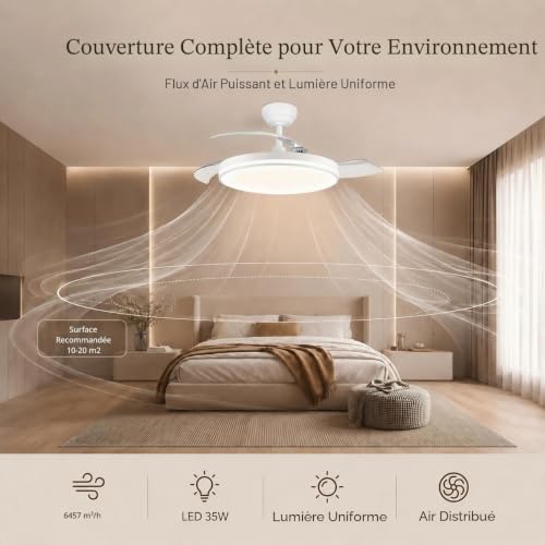 MARSI Ceiling Fan with LED Light 106 cm, Invisible Retractable Blades, Silent Fan with RF Remote Control, Reversible DC Motor, 6 Speed, Dimmable LED, for Bedroom and Living Room