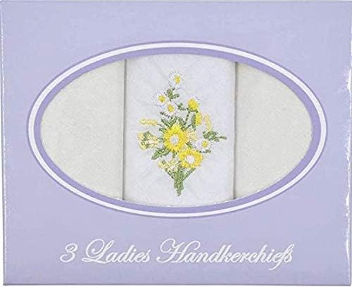 Ladies & Girls Beautiful Floral Lemon & White Embroidered 3 Handkerchief Gift Set (3 Pack)