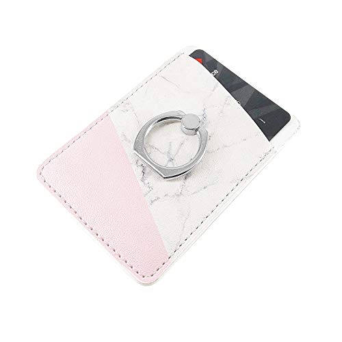 Obbii 2 Pack PU Leather Card Holder with Finger Ring for Back of Phone with 3M Adhesive Stick-on Credit Card Wallet Pockets for iPhone and Android Smartphones (Pink & Tiffany Marble) - Thumbnail 2
