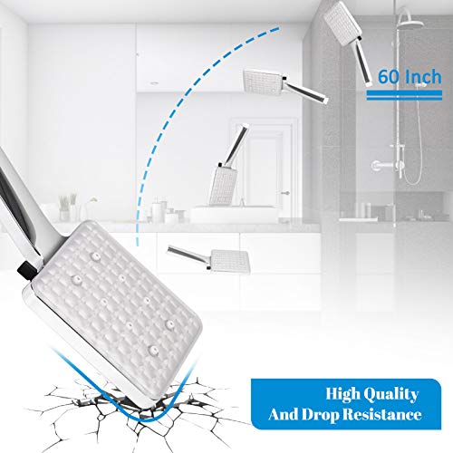 High Pressure Shower Head with Handheld, 6-Setting Square Shower Head, Detachable Shower Head with Adjustable Holder and Stainless hose, Powerful Spray Handheld Shower Heads, 2 Bonus Shower Hooks