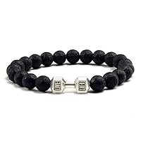 Zozu Hot Natural Stone Dumbbell Beaded Bracelets Unisex Black Lava Stone Beads Fitness Fit Life Prayer Bracelets Barbell Men Jewelry (Lava Stone silver)