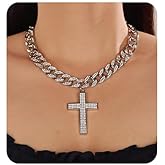 Jumwrit Chunky Cuban Link Chain Necklace Silver Long Rhinestone Cross Pendant Necklace Hip Hop Thick Chain Choker Necklace for Women