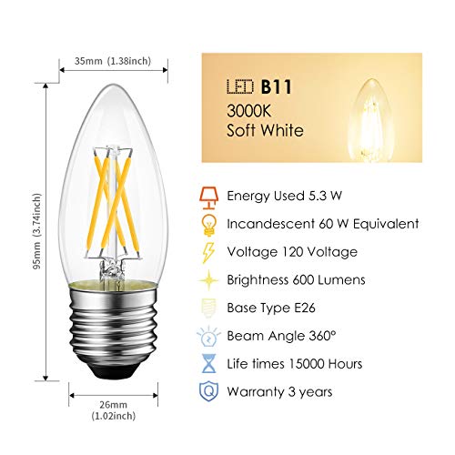 LVWIT Dimmable LED Candelabra Bulbs B11 Filament Bulb E26 Base 5.3W(60W Equivalent) 3000K Soft White Chandelier Decorative Candle Light Bulb 6 Pack