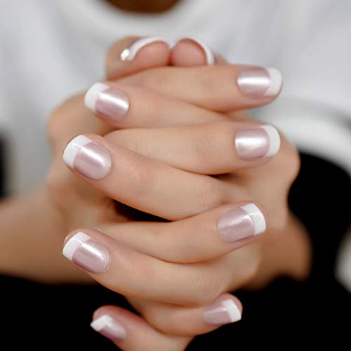 Pearl Shine Pink French Nail White Round Fake Nails Short Glossy Satin Artificial Lady Fingernails With Adhesive Tabs Pricepulse