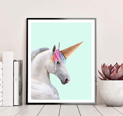 Horse & Rainbow Ice Cream Cone Unicorn Art Print Poster - Fun Home & Bedroom Wall Art for Girl's Bedroom & Home Decor 11x14 inches, Unframed