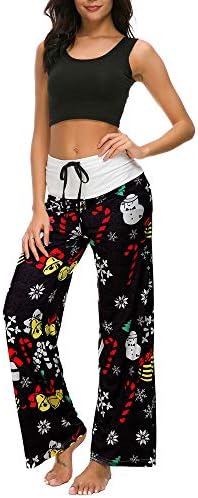 SSMENG Women Christmas Casual Pant Santa Claus Printed Waist Elastic Loose Fit Drawstring Wide Leg Pant Leggings Trouser