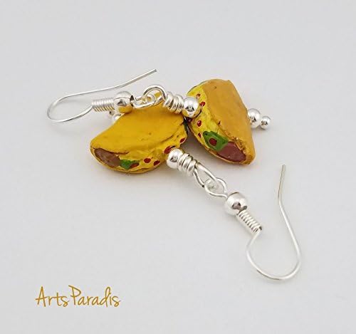 Tiny Taco Mexican Dangle Earrings Silvertone and Yellow by ArtsParadis - Tortilla Spicy Snack Food