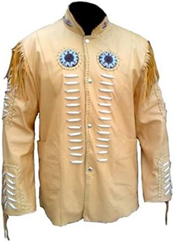 Celebrita X Vintage Indian Cowboy Leather Jacket Fringed and Bones CX113 Cow Beige 3XL - For Chest 48"-50"