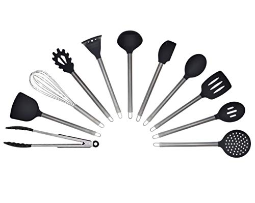 12 Piece Silicone and Stainless Steel Kitchen Cooking & Serving Utensil Set, Includes Solid Spoon, Slotted Turner, Slotted Spoon, Ladle, Skimmer, Tongs, Pasta Server, Potato Masher & Whisk - Thumbnail 2