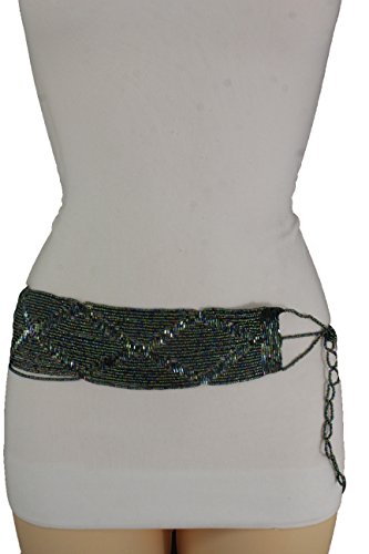 TFJ Women Fashion Belt Wide Green Blue Beads Hip High Waist Geometric Plus M L XL