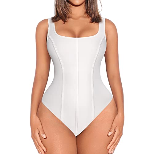 FeelinGirl White Slimming Tummy Control Bodysuit Short Sleeve