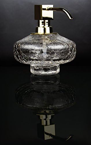 Crackle Countertop Soap Dispenser Set with Clear Crackle Glass Bottle, Brass Polished Chrome/ Gold, Table Mounted, Bathroom Accessories, Made in Spain (European Brand) (Polished Gold)