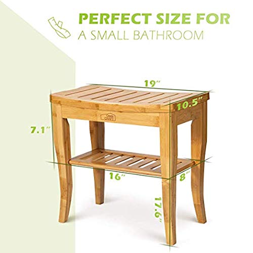 OasisCraft Bamboo Shower Chair with Free Soap Dish, 19" Waterproof Bamboo Shower Seat Bench with Shelf, Wooden Bathroom Seat Stool Spa Bath Organizer, Perfect for Indoor Outdoor