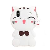 iPhone X Case Silicone, Miniko(TM) Lovely 3D Cute Cartoon Funny Good Lucky Fortune Cat Kitty with Cute Bow Tie Gel Rubber Back Case Cover for iPhone X Teens Girls Women White