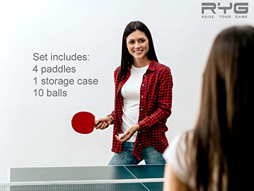 RYG Ping Pong Paddle Set - Pack of 4 Table Tennis Racket, 10 Game Balls, Black Portable Cover Case Bag
