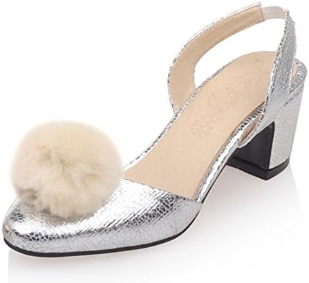 Sfnld Women's Sweet Pompon Round Toe Slip On Medium Block Heels Slingback Sandals Silver 6.5 B(M) US