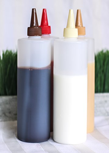 Plastic Squeeze Bottles with Leak-Proof Colored Caps, 16-Oz, Set of 4 (Without Measurements)