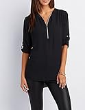 Zeagoo Women's V Neck Zip Front Roll Sleeve Chiffon Blouse Shirt