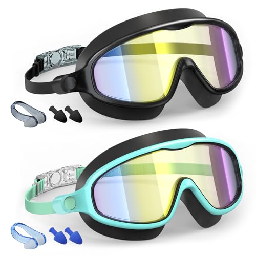 VegoVia Kids Swim Goggles 2 Pack, Anti-Fog UV Protection Wide View Swimming Goggles for kids 3-15 Youth Boys Girls Toddler